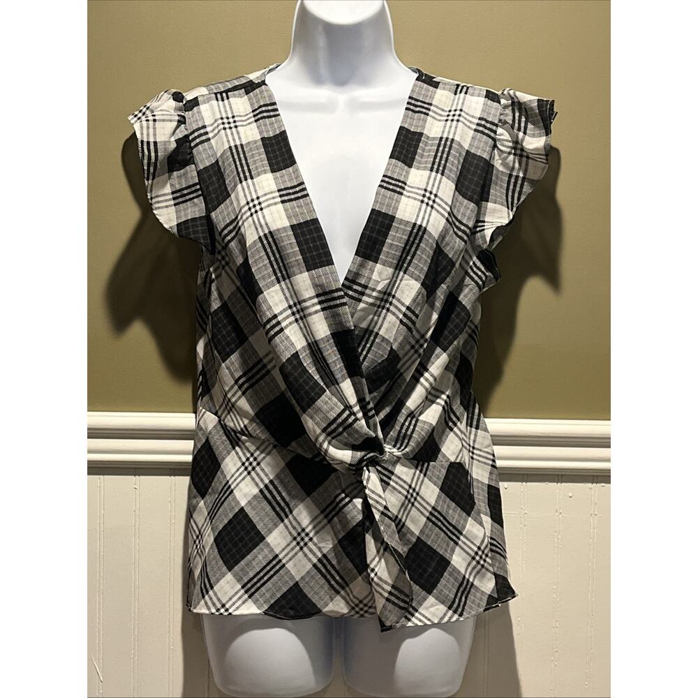 Laundry by Shelli Segal Plaid Wrap Blouse – Black White Flutter Sleeve Top NWT M